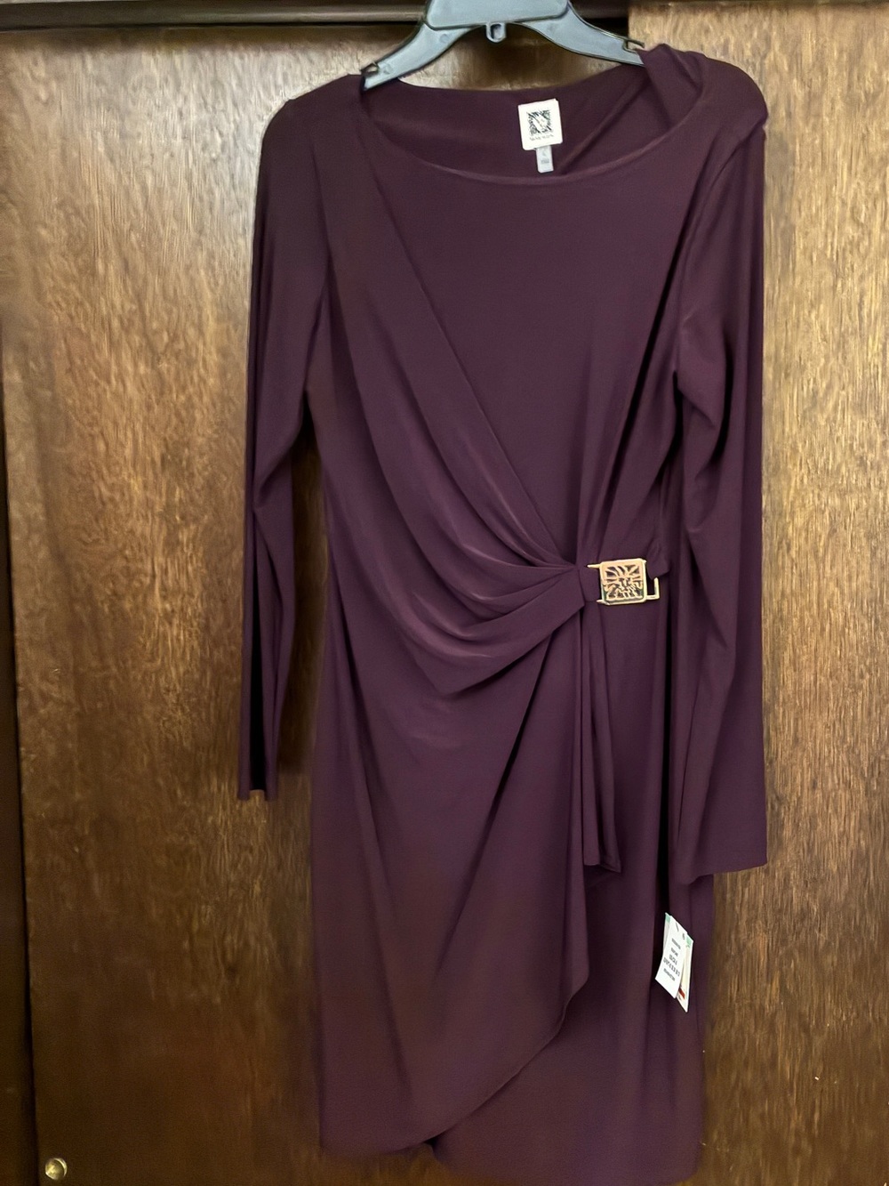Anne Klein Wine Long-Sleeve Draped Dress with Gold Accent